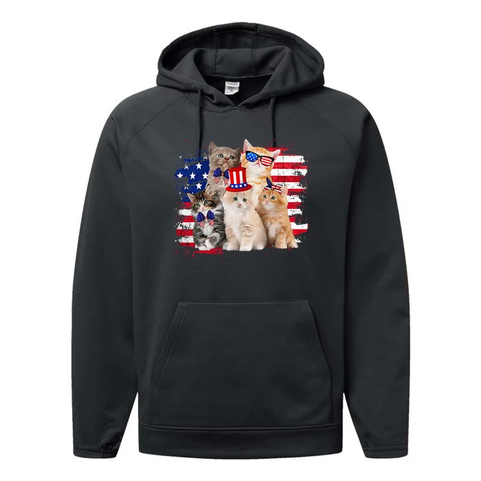 Funny Cat Patriotic USA Cat Lovers Cat Moms 4th July Performance Fleece Hoodie