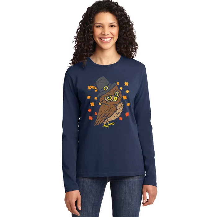 Funny Cute Pilgrim Owl Thanksgiving Bird Fall Autumn Animal Lover Gift Ladies Long Sleeve Shirt