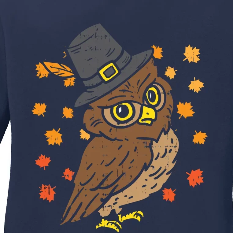 Funny Cute Pilgrim Owl Thanksgiving Bird Fall Autumn Animal Lover Gift Ladies Long Sleeve Shirt