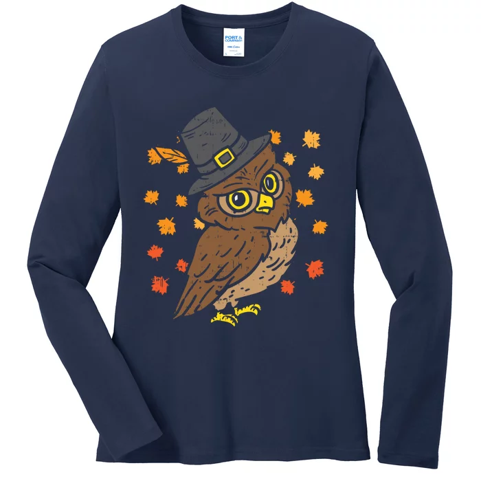 Funny Cute Pilgrim Owl Thanksgiving Bird Fall Autumn Animal Lover Gift Ladies Long Sleeve Shirt