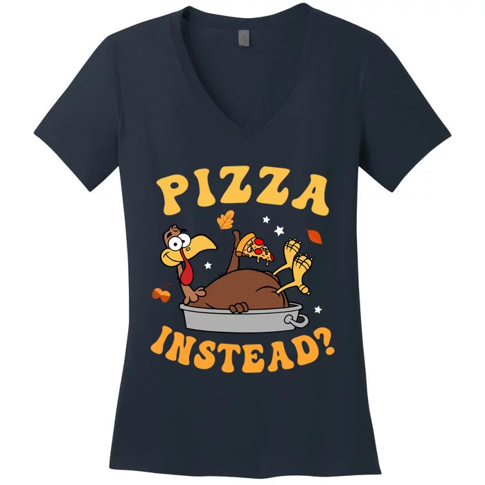 Funny Cute Pizza Instead Turkey Autumn Fall Thanksgiving Groovy Retro Gift Women's V-Neck T-Shirt