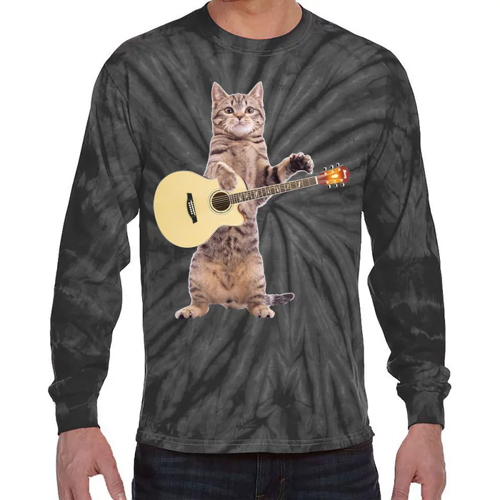 Funny Cat Playing Acoustic Guitar Tie-Dye Long Sleeve Shirt