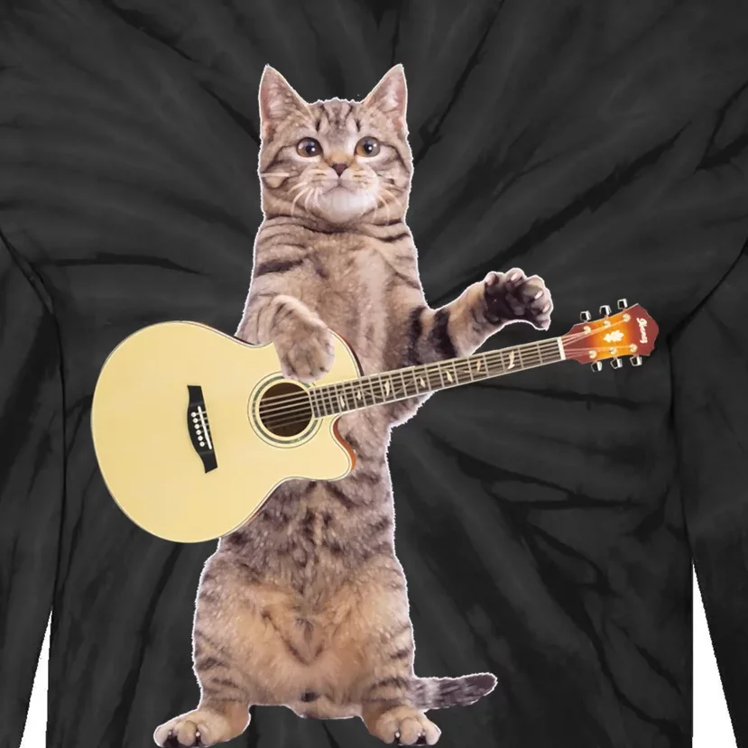 Funny Cat Playing Acoustic Guitar Tie-Dye Long Sleeve Shirt