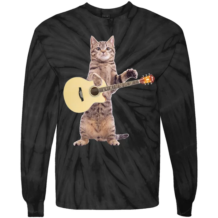 Funny Cat Playing Acoustic Guitar Tie-Dye Long Sleeve Shirt