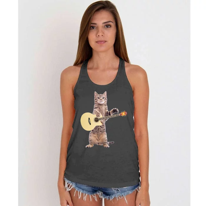 Funny Cat Playing Acoustic Guitar Women's Knotted Racerback Tank