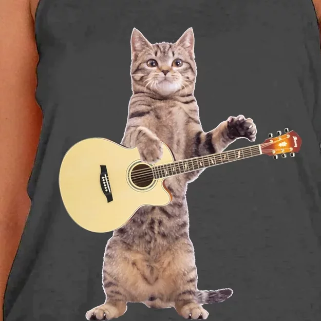 Funny Cat Playing Acoustic Guitar Women's Knotted Racerback Tank