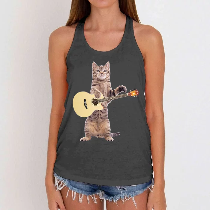 Funny Cat Playing Acoustic Guitar Women's Knotted Racerback Tank