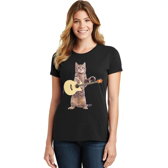 Funny Cat Playing Acoustic Guitar Women's T-Shirt