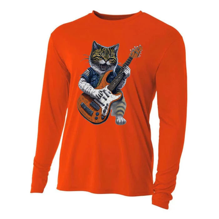 Funny Cat Playing Guitar Cat Lover Graphic Cats Kitten Lover Cooling Performance Long Sleeve Crew