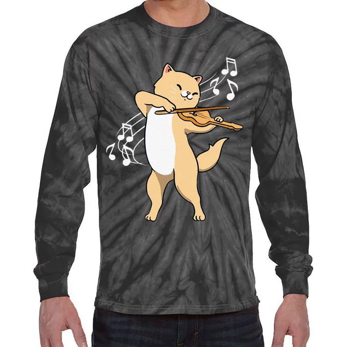 Funny Cat Playing Violin Giftt Cool Violinist Gift Tie-Dye Long Sleeve Shirt