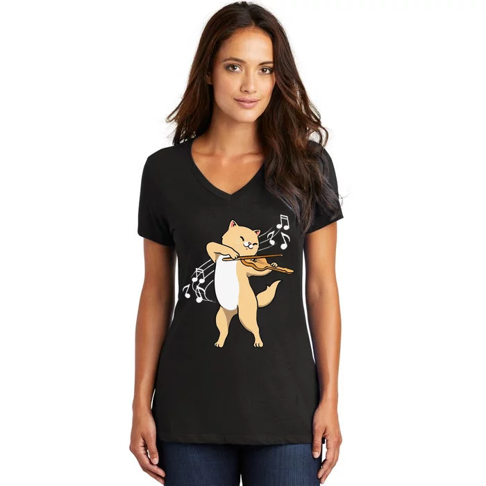 Funny Cat Playing Violin Giftt Cool Violinist Gift Women's V-Neck T-Shirt