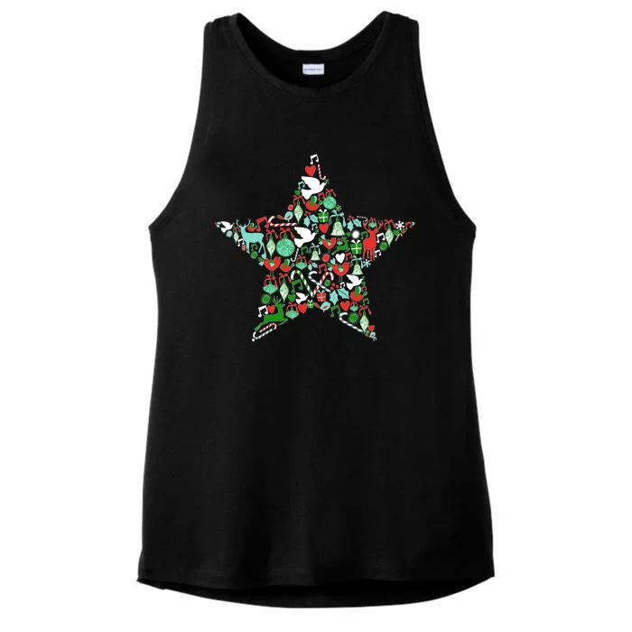 Festive Christmas Pattern Star Ladies Tri-Blend Wicking Tank