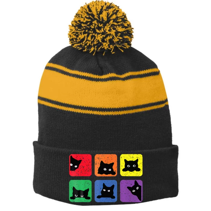 Funny Cats Pride 2024 Lgbt Cat Rainbow Stripe Pom Pom Beanie