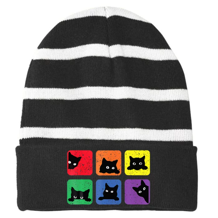 Funny Cats Pride 2024 Lgbt Cat Rainbow Striped Beanie with Solid Band