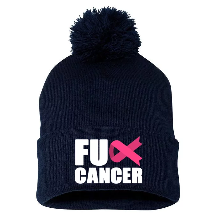 FU Cancer Pink Ribbon Breast Cancer Awareness Pom Pom 12in Knit Beanie