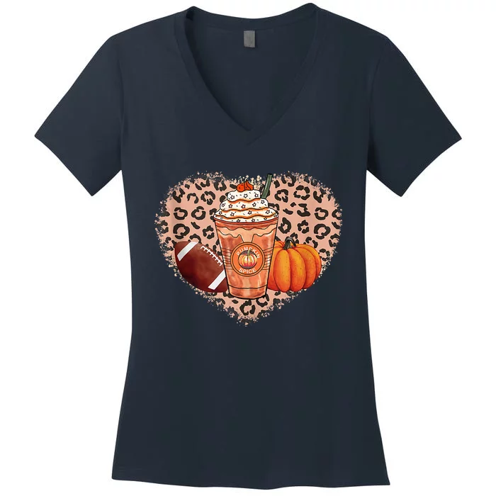 Funny Cute Pumpkin Spice Football Thanksgiving Autumn Leaves Holiday Women's V-Neck T-Shirt