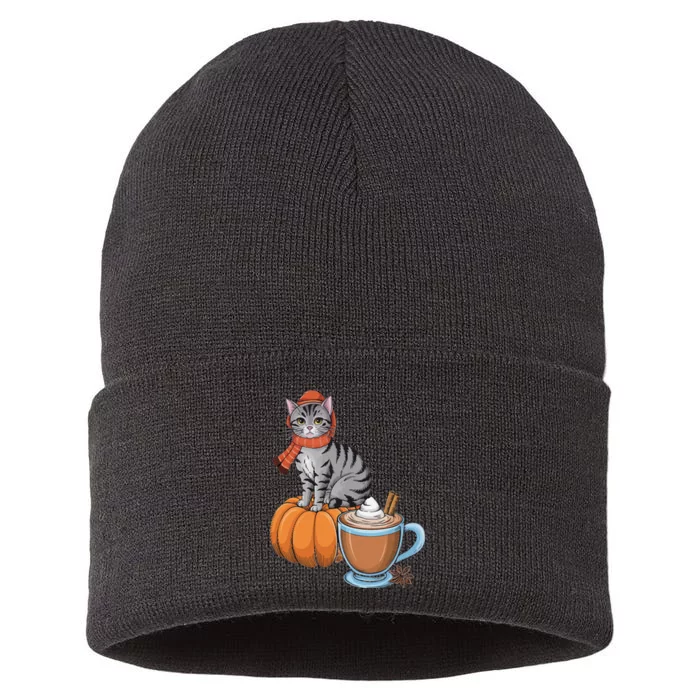 Funny Cat Pumpkin Spice Coffee Thanksgiving Autumn Cat Lover Sustainable Knit Beanie