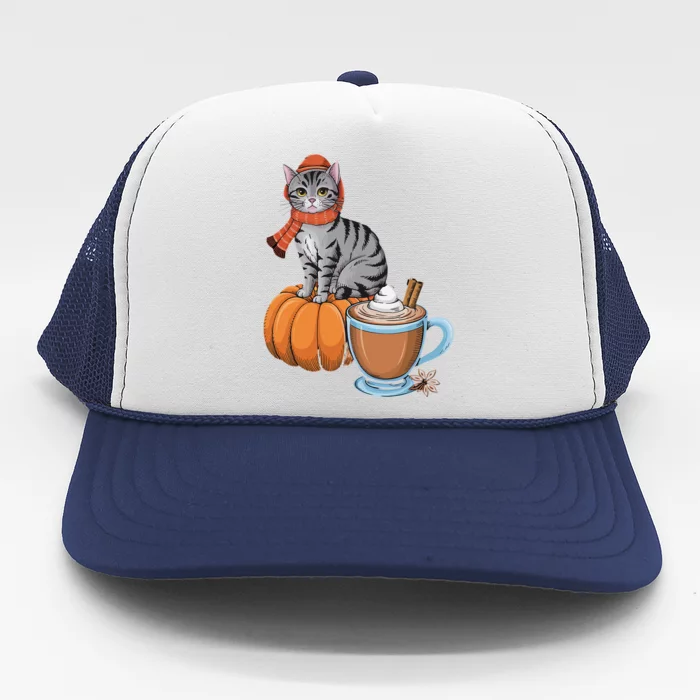 Funny Cat Pumpkin Spice Coffee Thanksgiving Autumn Cat Lover Trucker Hat