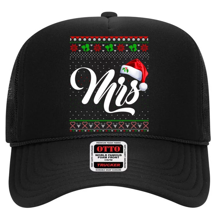 Funny Christmas Pajamas Matching Couples Santa Mr And Mrs High Crown Mesh Trucker Hat