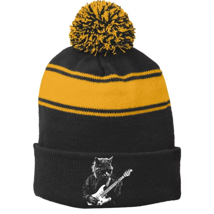 Funny Cat Playing Electric Guitar Cool Stencil Art Punk Rock Stripe Pom Pom Beanie