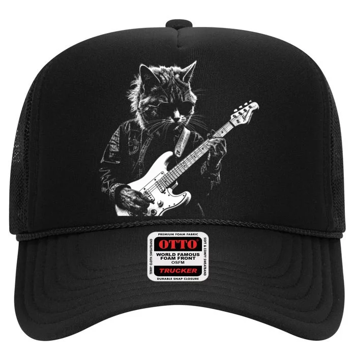 Funny Cat Playing Electric Guitar Cool Stencil Art Punk Rock High Crown Mesh Trucker Hat