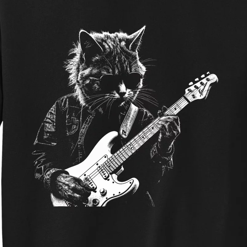 Funny Cat Playing Electric Guitar Cool Stencil Art Punk Rock Sweatshirt