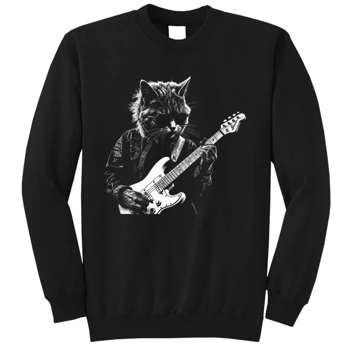 Funny Cat Playing Electric Guitar Cool Stencil Art Punk Rock Sweatshirt