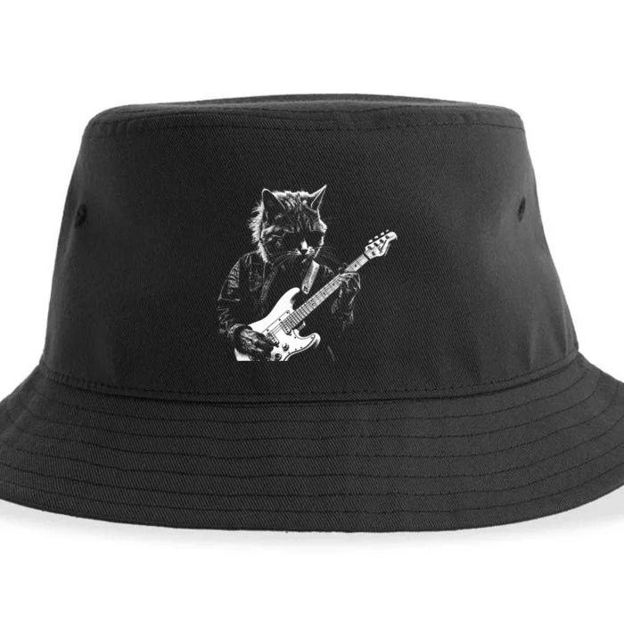 Funny Cat Playing Electric Guitar Cool Stencil Art Punk Rock Sustainable Bucket Hat