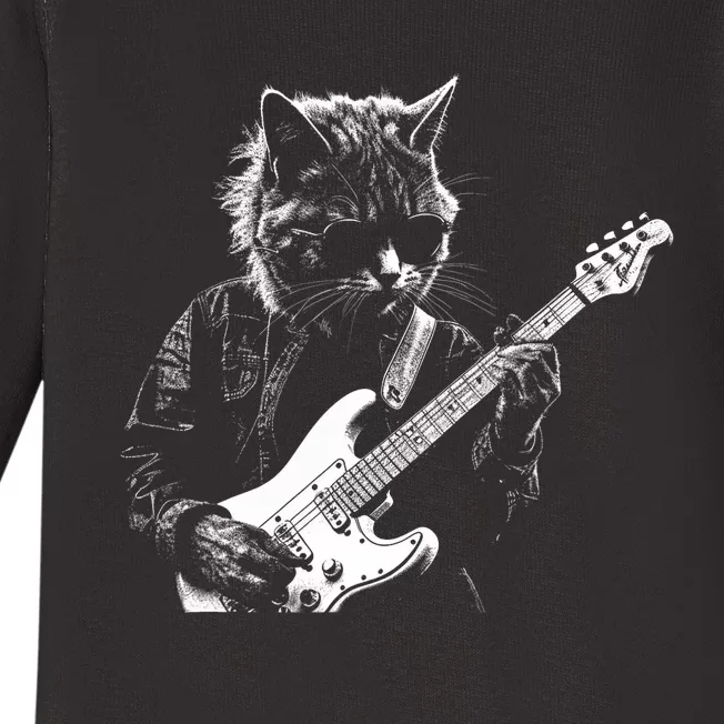 Funny Cat Playing Electric Guitar Cool Stencil Art Punk Rock Baby Long Sleeve Bodysuit