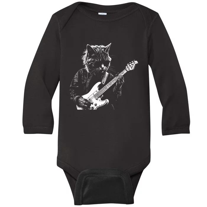 Funny Cat Playing Electric Guitar Cool Stencil Art Punk Rock Baby Long Sleeve Bodysuit