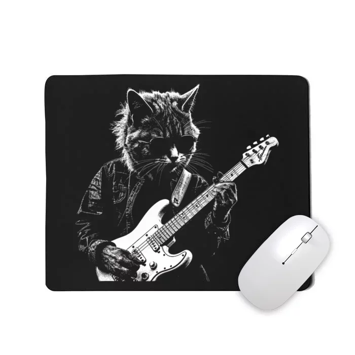 Funny Cat Playing Electric Guitar Cool Stencil Art Punk Rock Mousepad