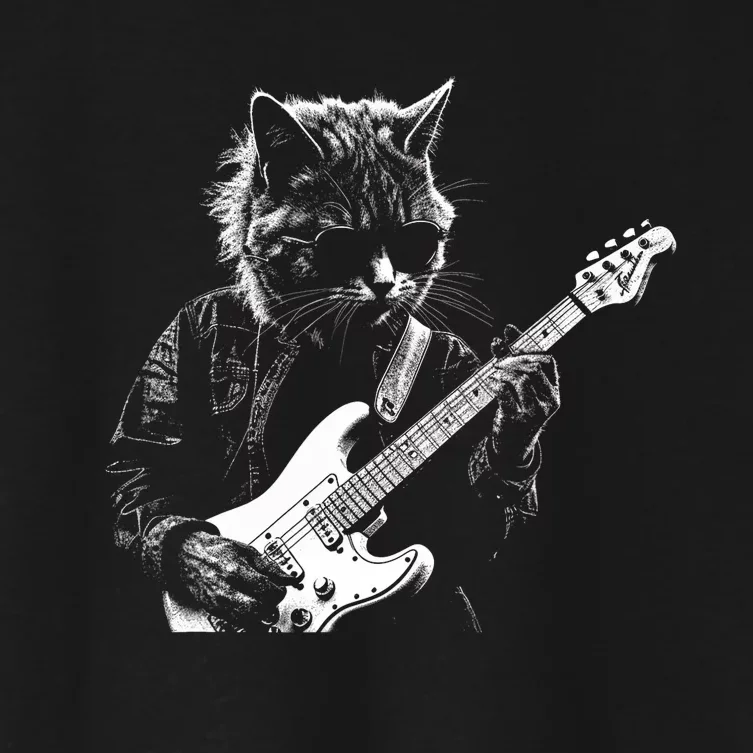 Funny Cat Playing Electric Guitar Cool Stencil Art Punk Rock Women's Crop Top Tee