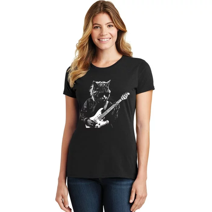 Funny Cat Playing Electric Guitar Cool Stencil Art Punk Rock Women's T-Shirt