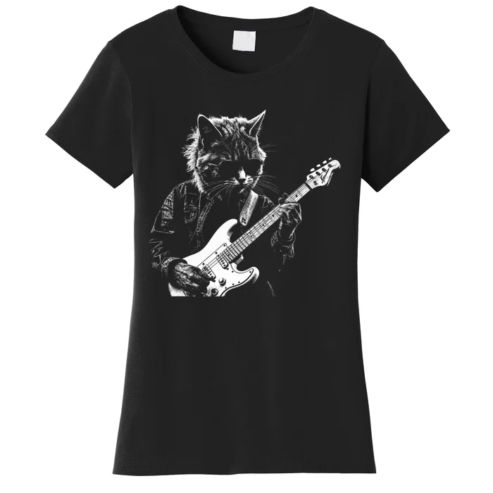 Funny Cat Playing Electric Guitar Cool Stencil Art Punk Rock Women's T-Shirt