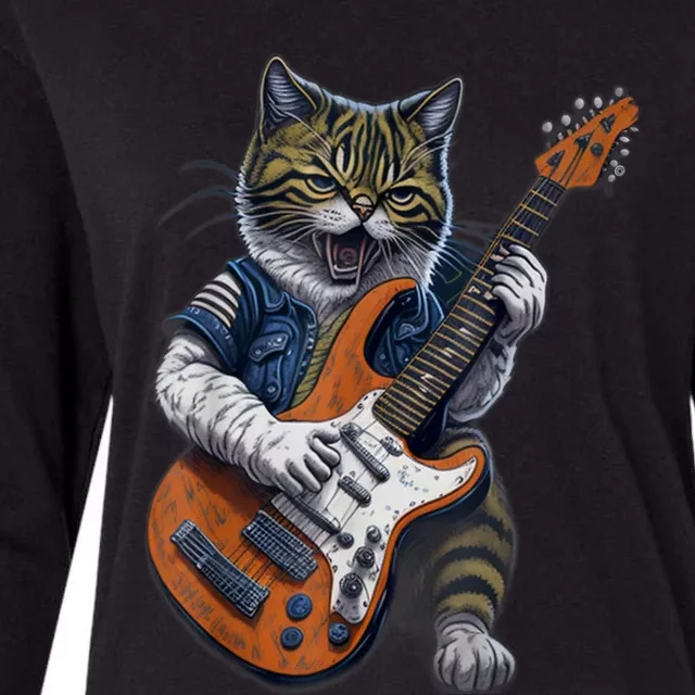 Funny Cat Playing Guitar Cat Lover Graphic Cats Kitten Lover Womens Cotton Relaxed Long Sleeve T-Shirt