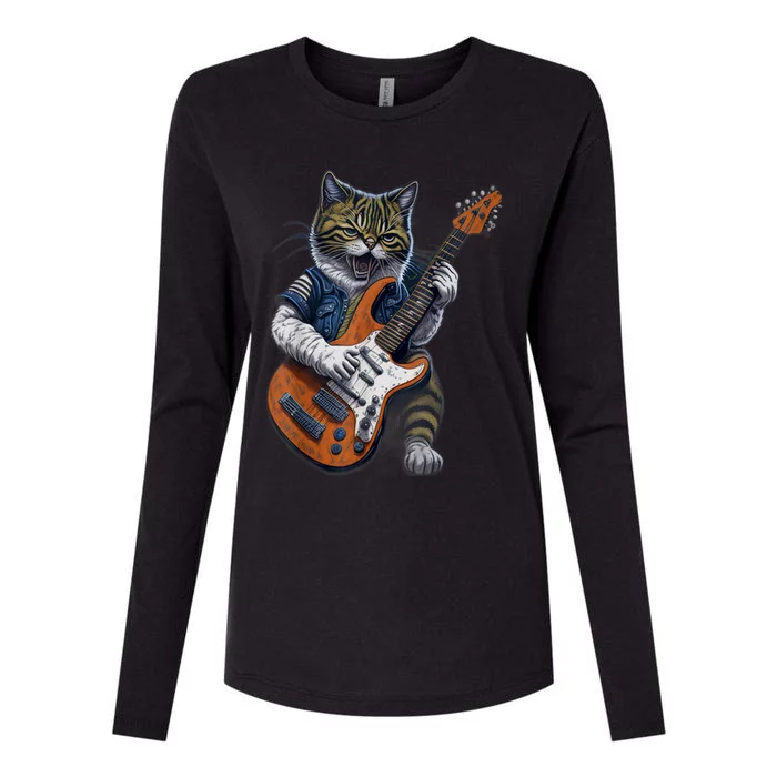 Funny Cat Playing Guitar Cat Lover Graphic Cats Kitten Lover Womens Cotton Relaxed Long Sleeve T-Shirt