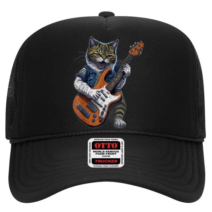 Funny Cat Playing Guitar Cat Lover Graphic Cats Kitten Lover High Crown Mesh Trucker Hat