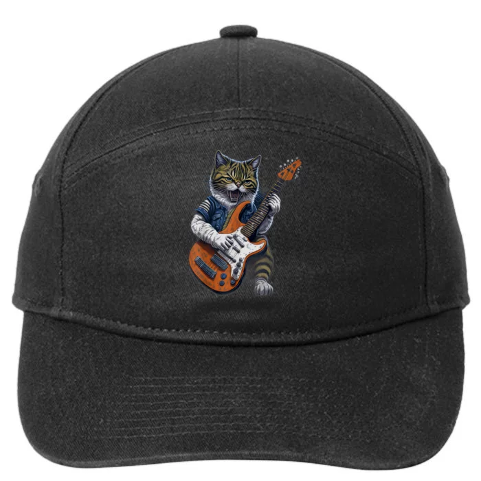 Funny Cat Playing Guitar Cat Lover Graphic Cats Kitten Lover 7-Panel Snapback Hat