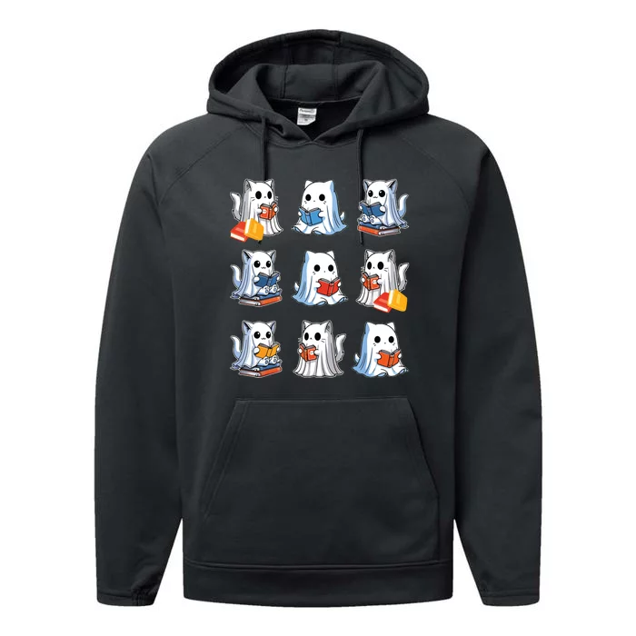 Funny Cats Reading Halloween Cute Cats Ghosts Reading Books Performance Fleece Hoodie