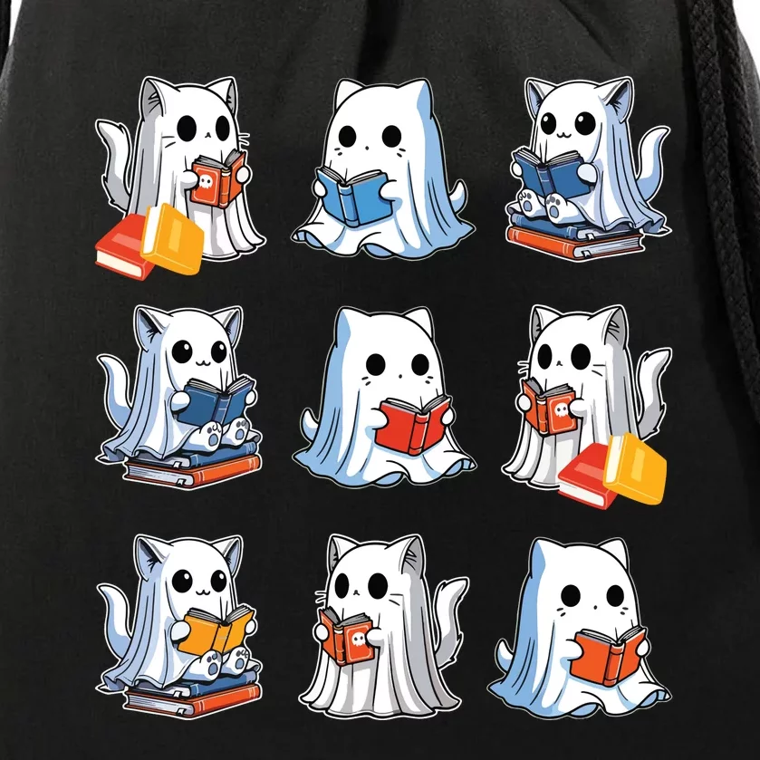 Funny Cats Reading Halloween Cute Cats Ghosts Reading Books Drawstring Bag