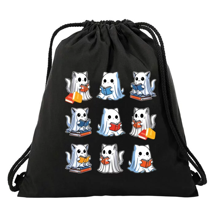 Funny Cats Reading Halloween Cute Cats Ghosts Reading Books Drawstring Bag