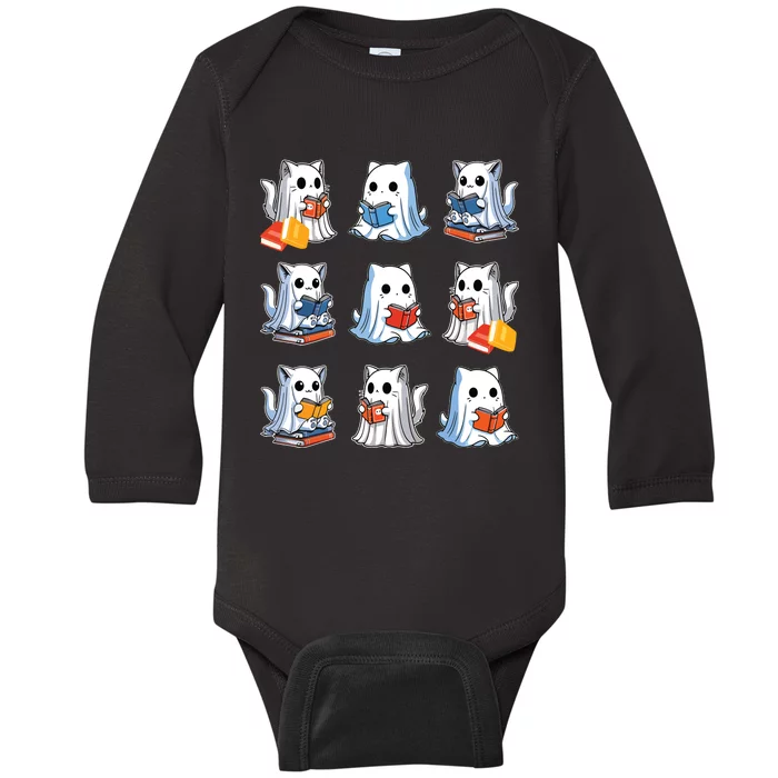 Funny Cats Reading Halloween Cute Cats Ghosts Reading Books Baby Long Sleeve Bodysuit