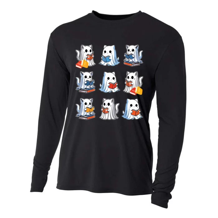 Funny Cats Reading Halloween Cute Cats Ghosts Reading Books Cooling Performance Long Sleeve Crew