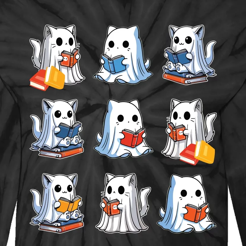 Funny Cats Reading Halloween Cute Cats Ghosts Reading Books Tie-Dye Long Sleeve Shirt