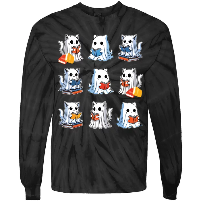 Funny Cats Reading Halloween Cute Cats Ghosts Reading Books Tie-Dye Long Sleeve Shirt