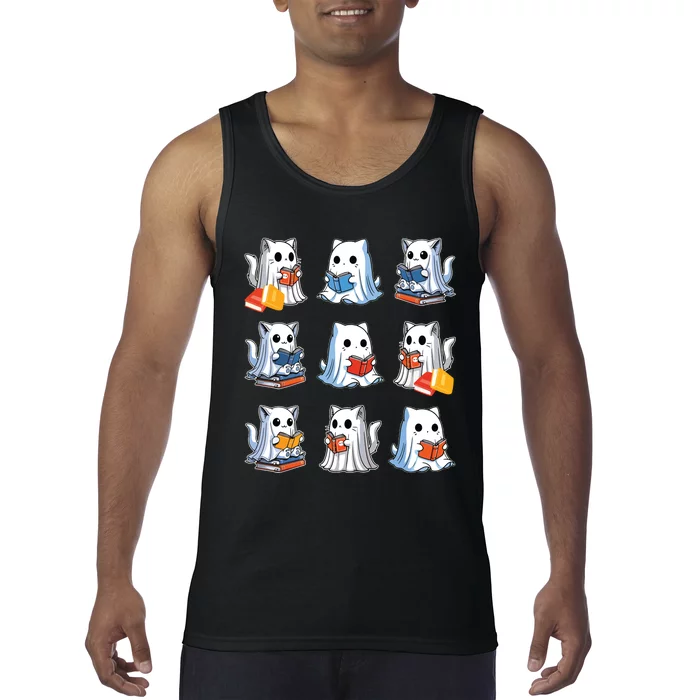 Funny Cats Reading Halloween Cute Cats Ghosts Reading Books Tank Top