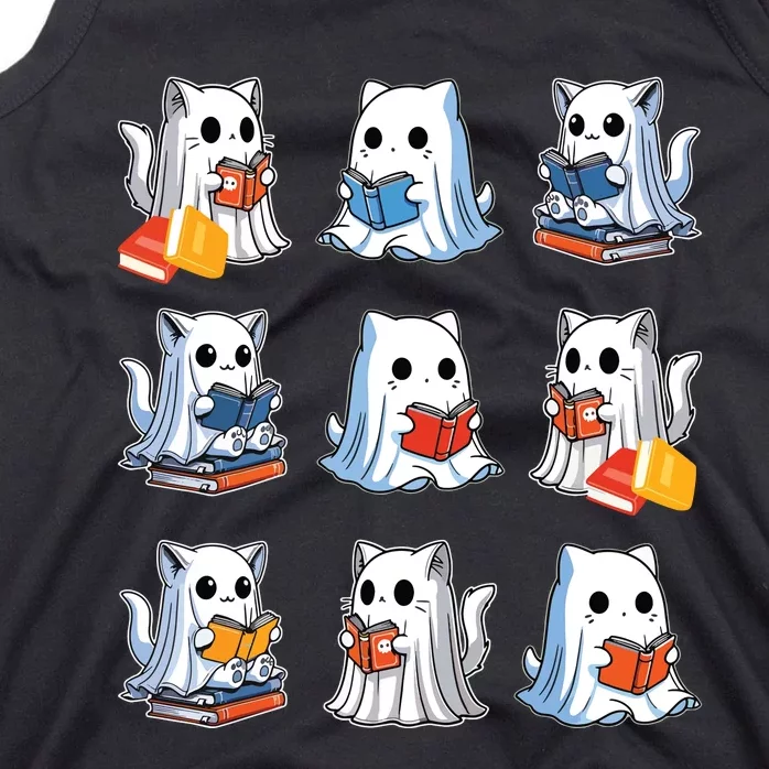 Funny Cats Reading Halloween Cute Cats Ghosts Reading Books Tank Top