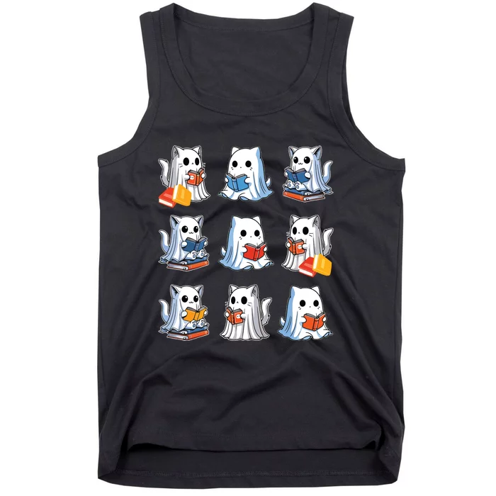 Funny Cats Reading Halloween Cute Cats Ghosts Reading Books Tank Top