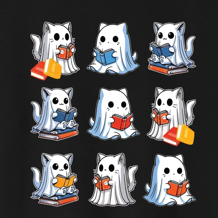 Funny Cats Reading Halloween Cute Cats Ghosts Reading Books Women's Crop Top Tee