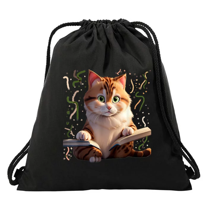 Funny Cats Reading A Book Graphic Cat Kitten Lovers Cat Mom Drawstring Bag